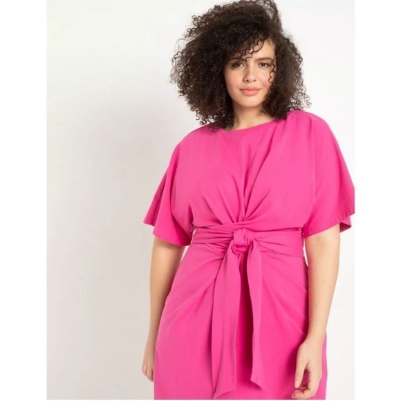 Eloquii Pink Cross Front Wrap Flutter Sleeve Dress - Picture 12 of 12